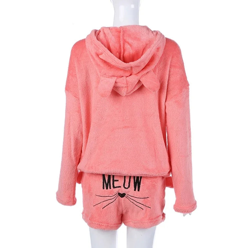 Women’s Cat Cartoon Warm Pajama Set – Cozy Sleepwear & Homewear