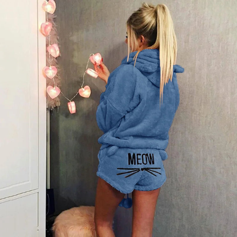 Women’s Cat Cartoon Warm Pajama Set – Cozy Sleepwear & Homewear