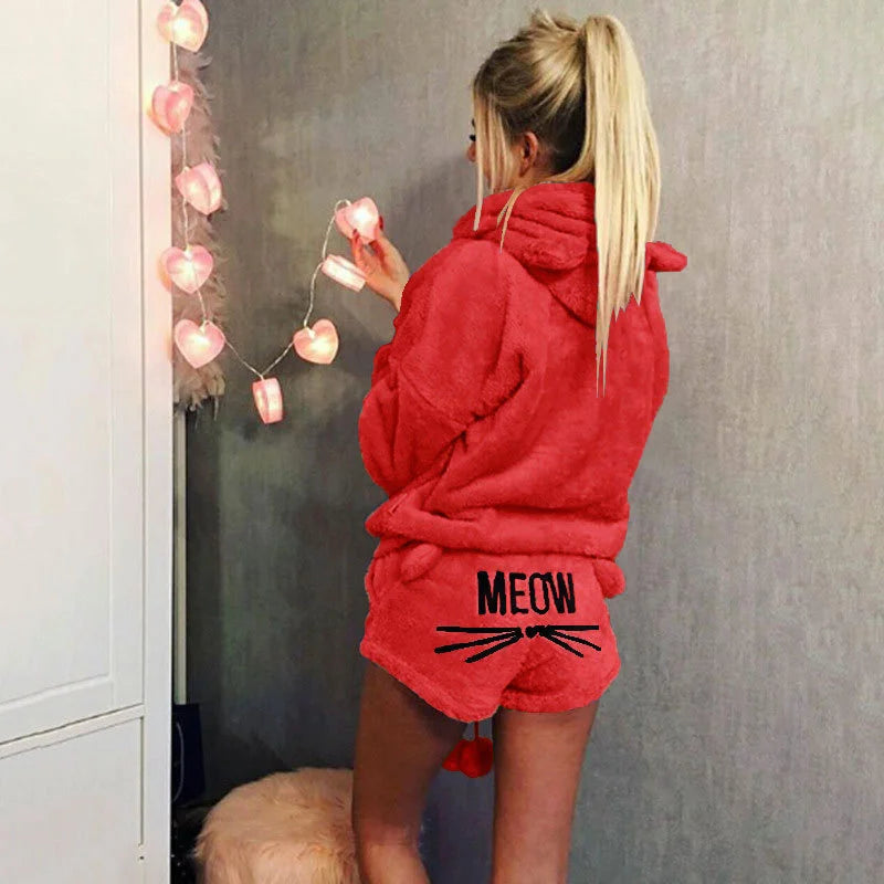 Women’s Cat Cartoon Warm Pajama Set – Cozy Sleepwear & Homewear