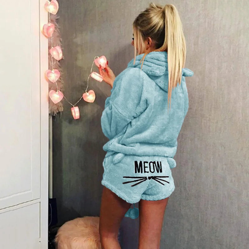 Women’s Cat Cartoon Warm Pajama Set – Cozy Sleepwear & Homewear