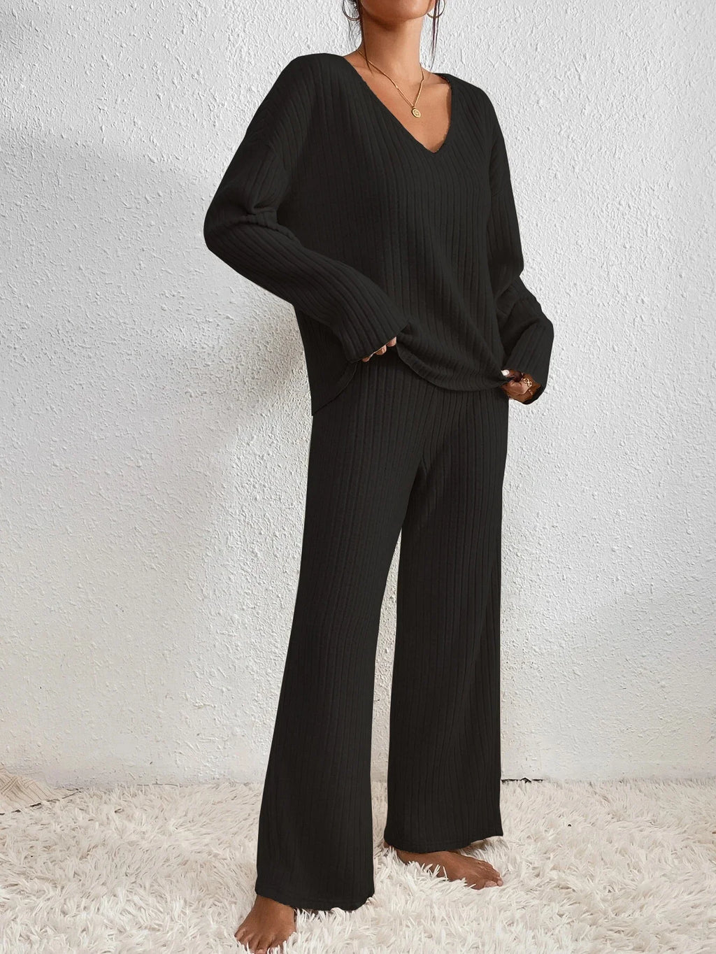 Ribbed V-Neck Lounge Set – Knit T-Shirt & Pants Sleepwear Set