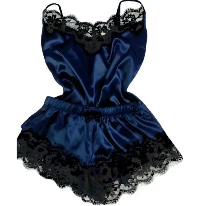 Women’s Lace Silk Pajama Set – Cami Top & Shorts Sleepwear
