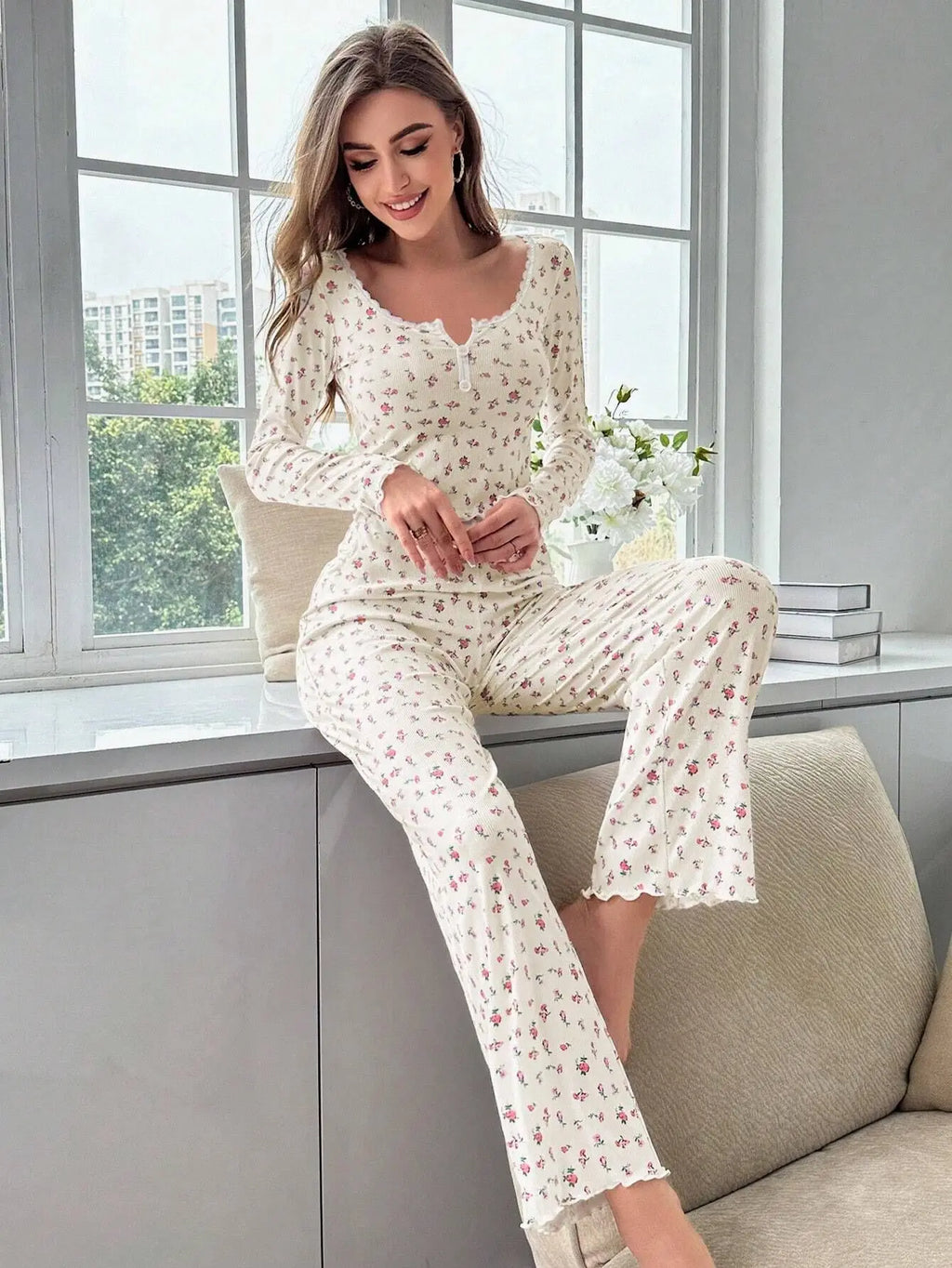 Women’s Floral Pajama Set – Long Sleeve Top & Pants Cozy Loungewear