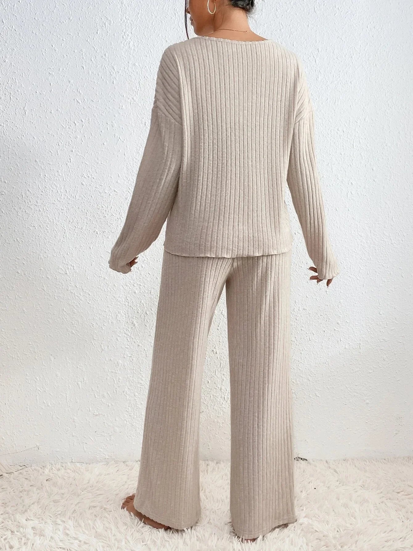 Ribbed V-Neck Lounge Set – Knit T-Shirt & Pants Sleepwear Set
