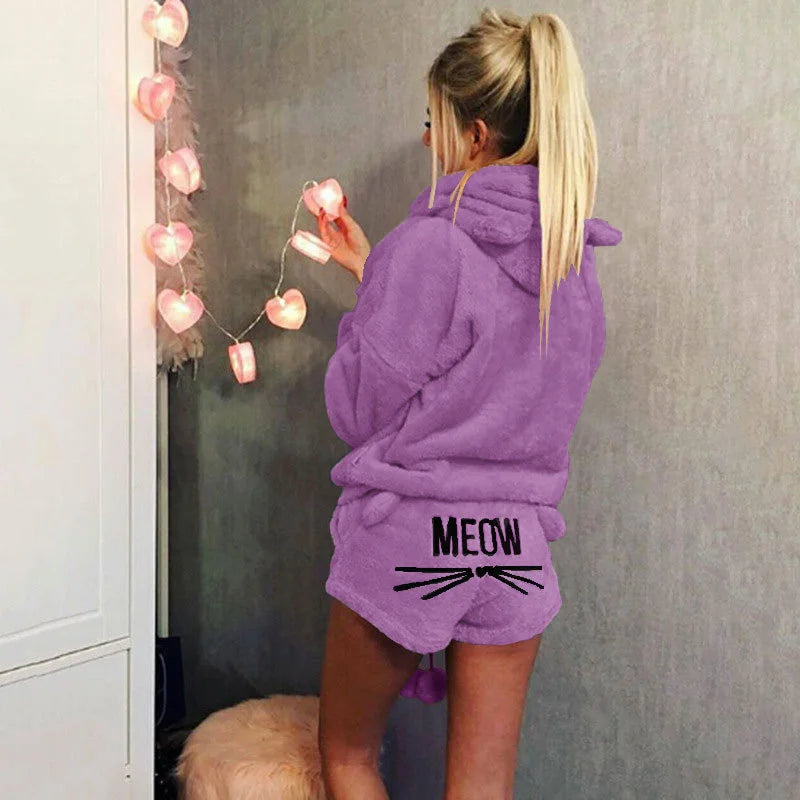 Women’s Cat Cartoon Warm Pajama Set – Cozy Sleepwear & Homewear