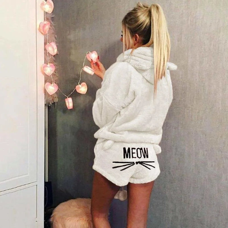 Women’s Cat Cartoon Warm Pajama Set – Cozy Sleepwear & Homewear