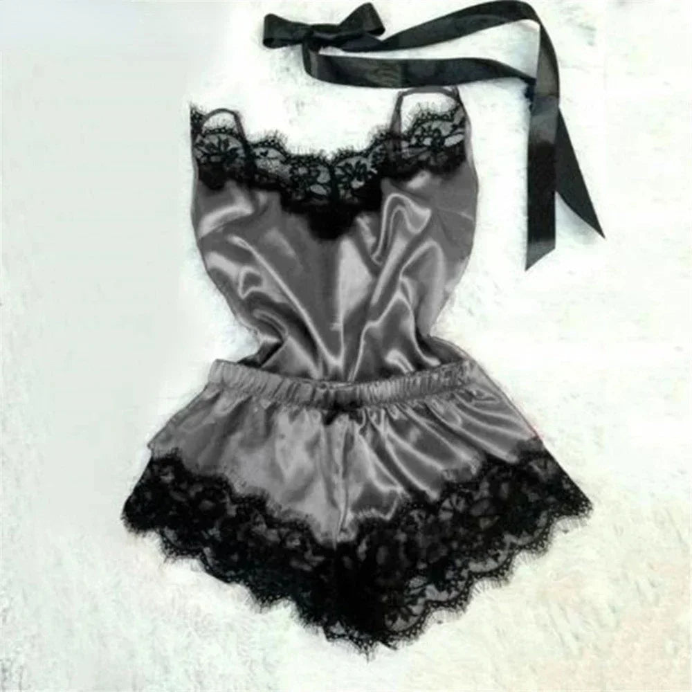 Women’s Lace Silk Pajama Set – Cami Top & Shorts Sleepwear