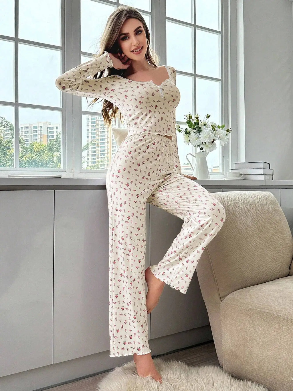Women’s Floral Pajama Set – Long Sleeve Top & Pants Cozy Loungewear