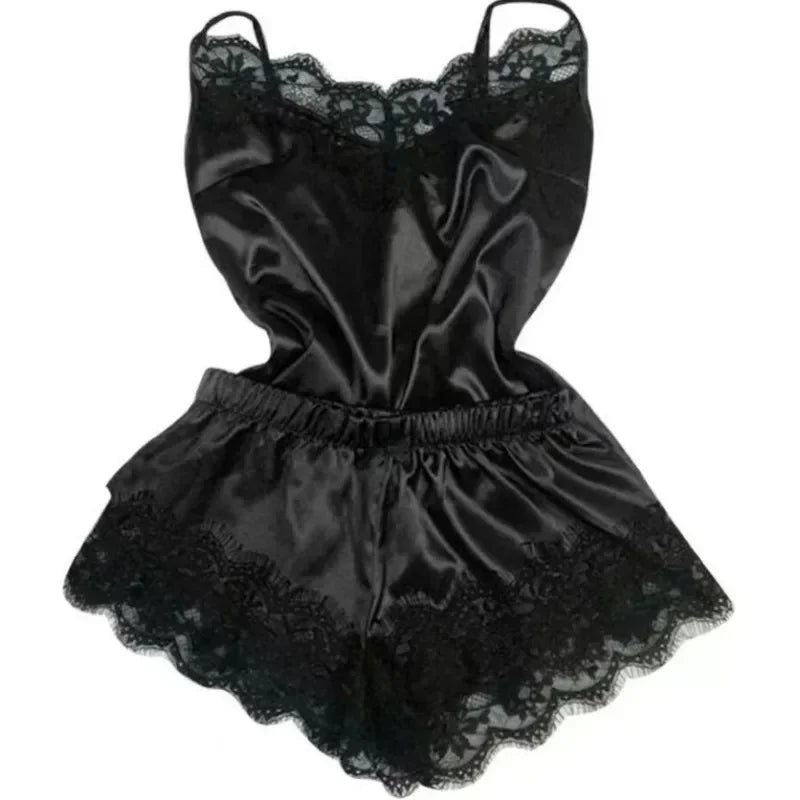 Women’s Lace Silk Pajama Set – Cami Top & Shorts Sleepwear