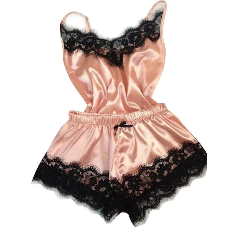 Women’s Lace Silk Pajama Set – Cami Top & Shorts Sleepwear