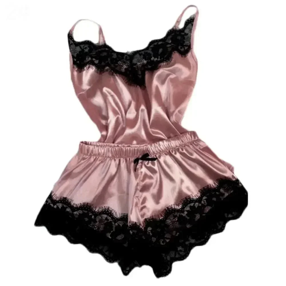 Women’s Lace Silk Pajama Set – Cami Top & Shorts Sleepwear