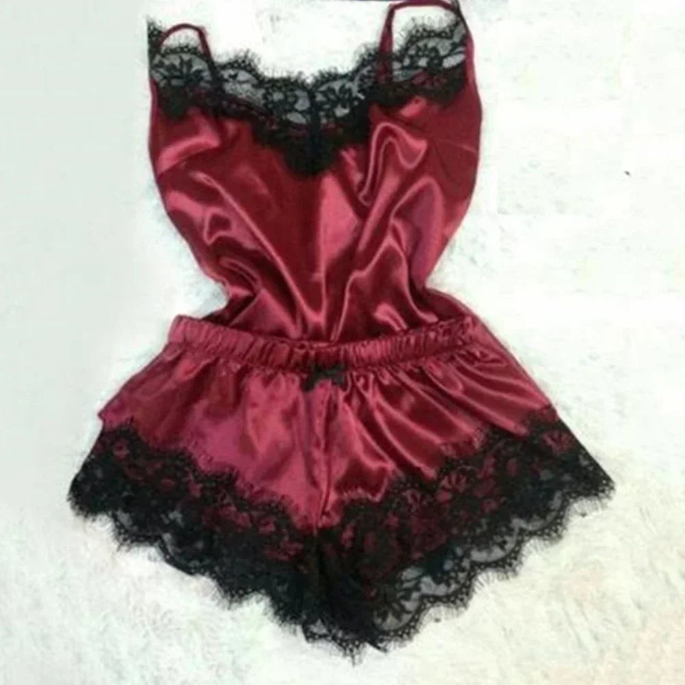 Women’s Lace Silk Pajama Set – Cami Top & Shorts Sleepwear